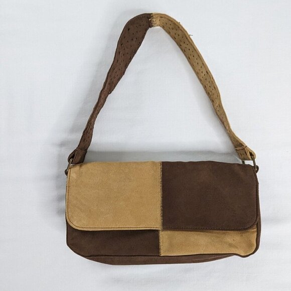 VTG Brown Tan Color Block Squares Faux Suede Mini Shoulder Bag - Picture 1 of 8